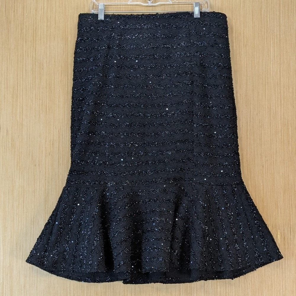 Womens‎ Festive Glam Black Sequin Mermaid Midi Skirt Size L Ruffle Flounce Hem